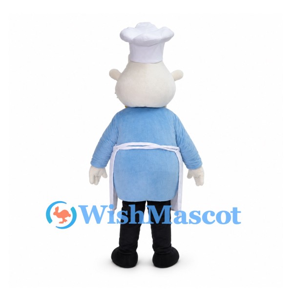 Chef Mascot Costume with White Hat and Apron over Blue Shirt
