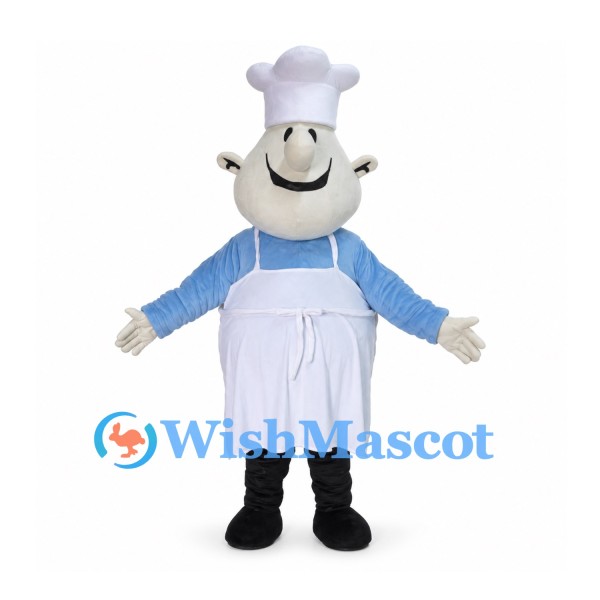 Chef Mascot Costume with White Hat and Apron over Blue Shirt