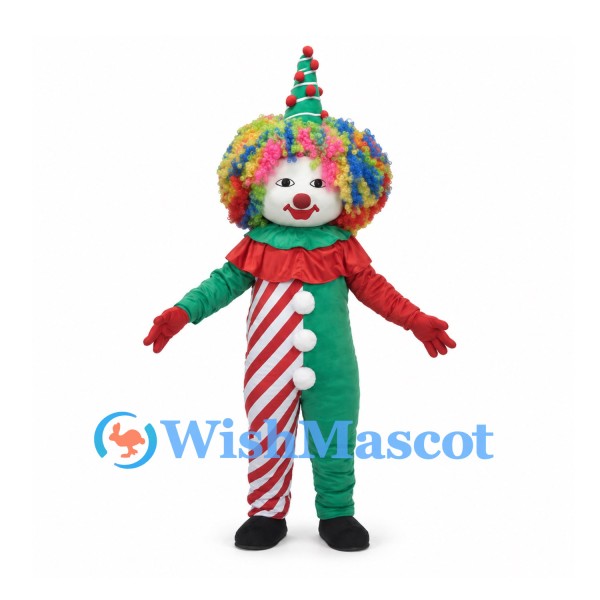 Clown Mascot Costume with Rainbow Wig and Red and Green Suit