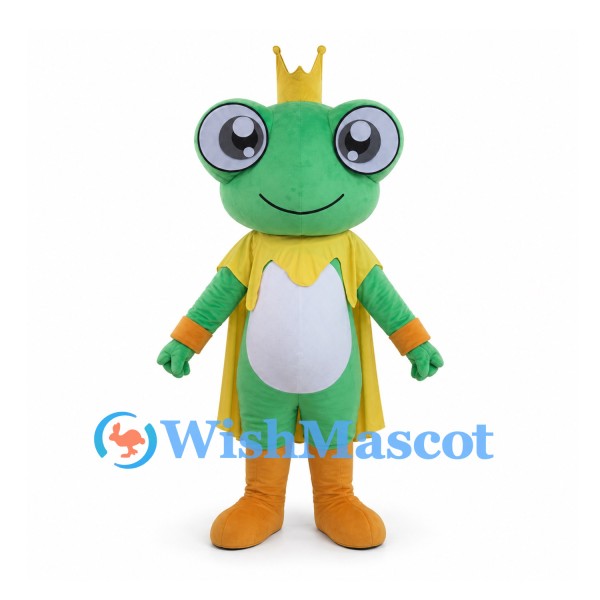 Frog Mascot Costume with Gold Crown and Yellow Cape