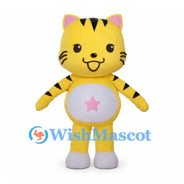 Tiger Mascot Costume in Yellow with Pink Star on White Belly