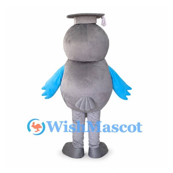 Owl Mascot Costume in Gray with Graduation Cap and Blue Wings