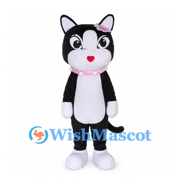 Cat Mascot Costume in Black and White with Pink Collar