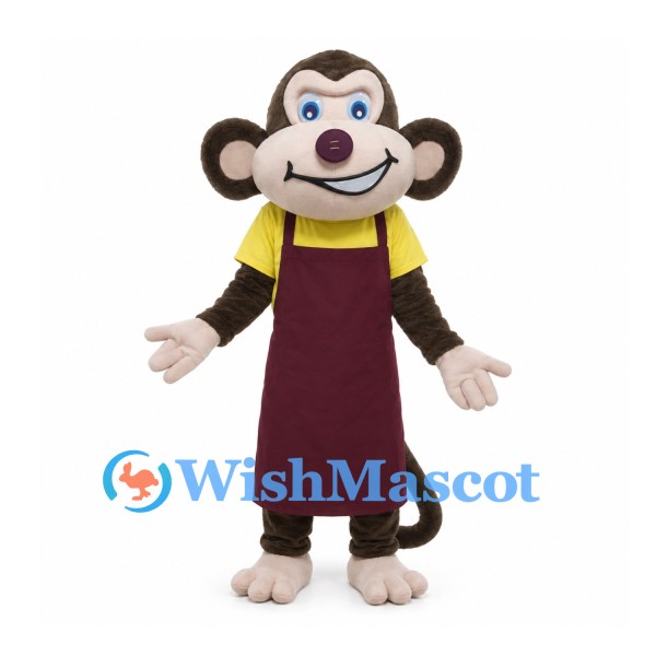 Monkey Mascot Costume with Yellow Shirt and Burgundy Apron