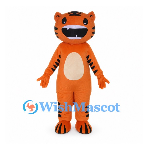 Tiger Mascot Costume in Orange with Wide Toothy Smile