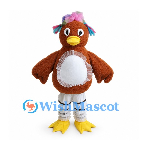 Bird Mascot Costume in Brown with Pastel Feathers and White Belly