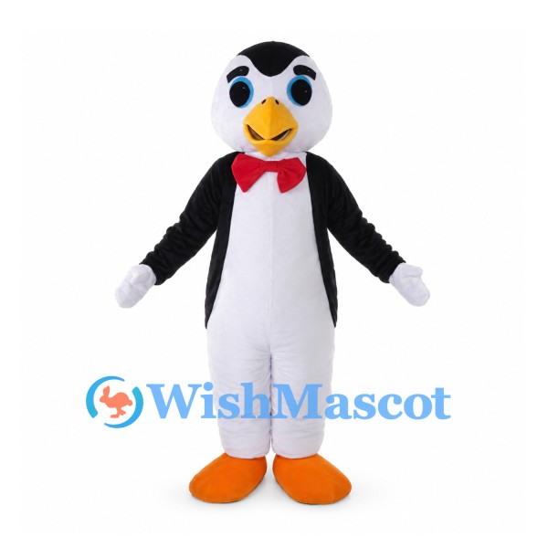 Penguin Mascot Costume with Red Bow Tie and Orange Feet
