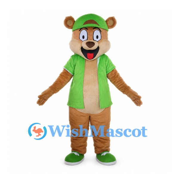 Bear Mascot Costume with Green Cap and Vest