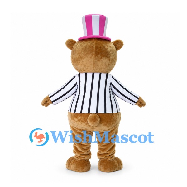 Bear Mascot Costume with Pink Top Hat and Black Striped Jacket