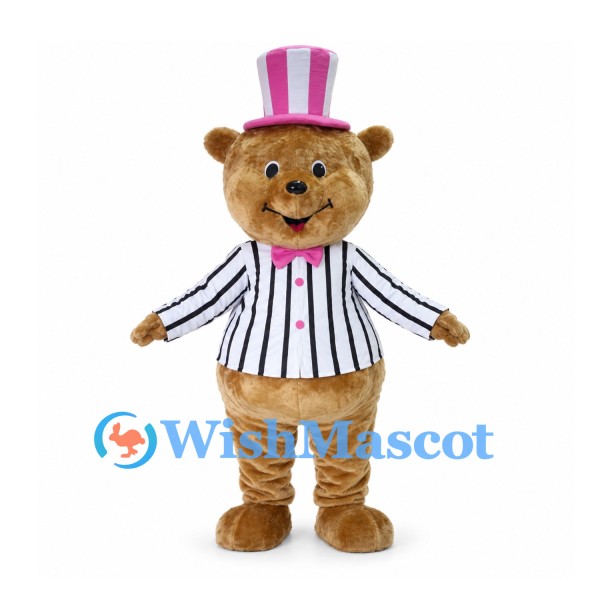 Bear Mascot Costume with Pink Top Hat and Black Striped Jacket