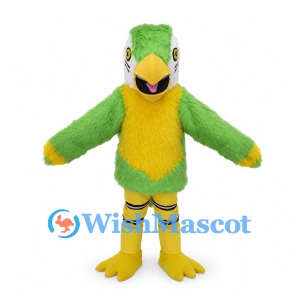 Parrot Mascot Costume in Green and Yellow with White Crest