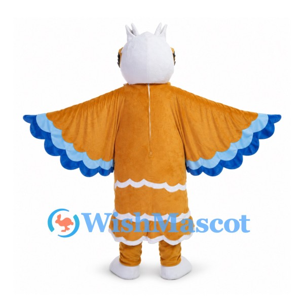 Owl Mascot Costume in Brown and White with Blue Wing Tips