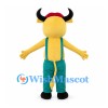 Bull Mascot Costume in Yellow with Green Overalls and Red Scarf