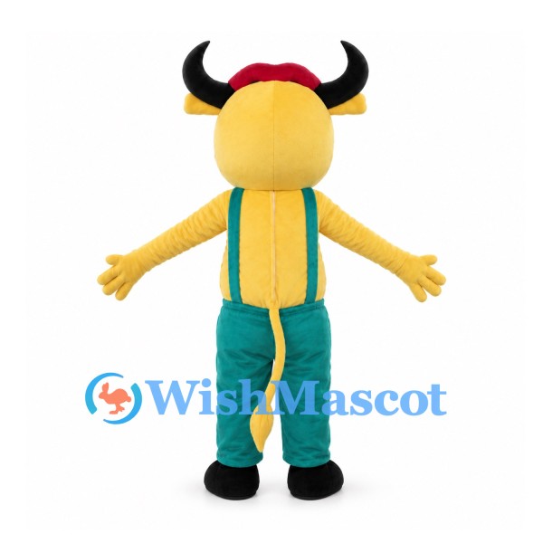 Bull Mascot Costume in Yellow with Green Overalls and Red Scarf