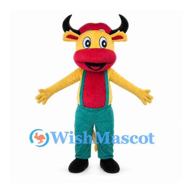Bull Mascot Costume in Yellow with Green Overalls and Red Scarf