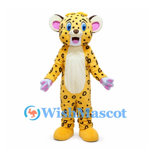 Leopard Mascot Costume in Yellow with Black Spots and Pink Ears