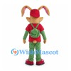Rabbit Mascot Costume with Red Cap, Red Shirt and Green Backpack
