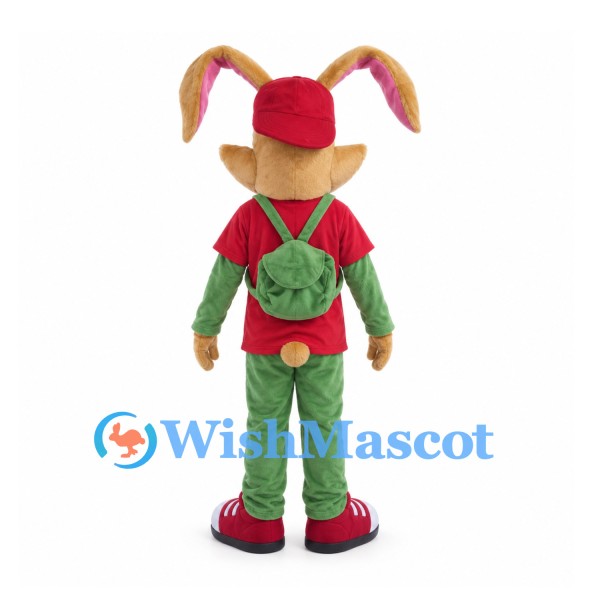 Rabbit Mascot Costume with Red Cap, Red Shirt and Green Backpack