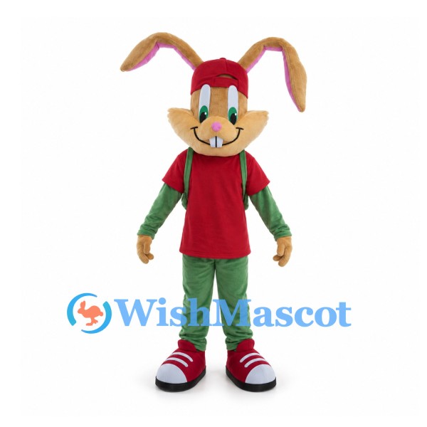 Rabbit Mascot Costume with Red Cap, Red Shirt and Green Backpack
