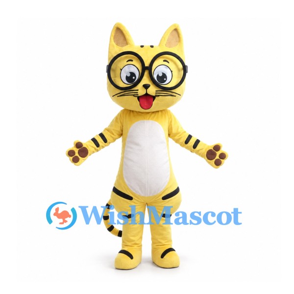 Cat Mascot Costume in Yellow with Black Glasses and Stripes