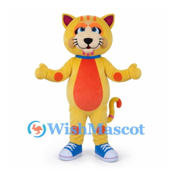 Tiger Mascot Costume in Yellow with Orange Stripes and Blue Shoes