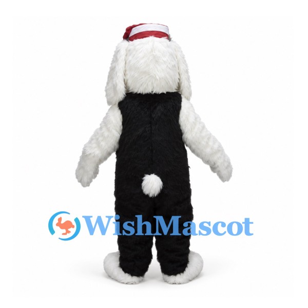 Dog Mascot Costume in White with Black Vest and Striped Scarf