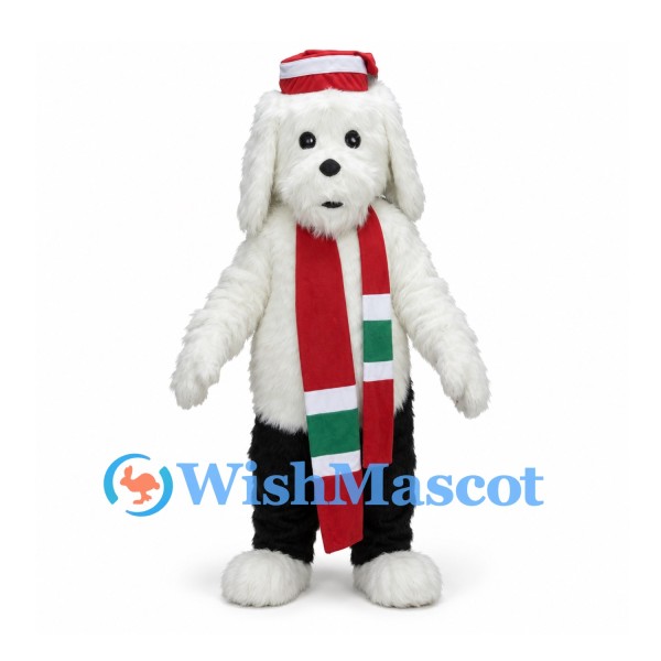 Dog Mascot Costume in White with Black Vest and Striped Scarf