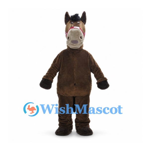 Horse Mascot Costume in Brown with Black Mane and Pink Bridle
