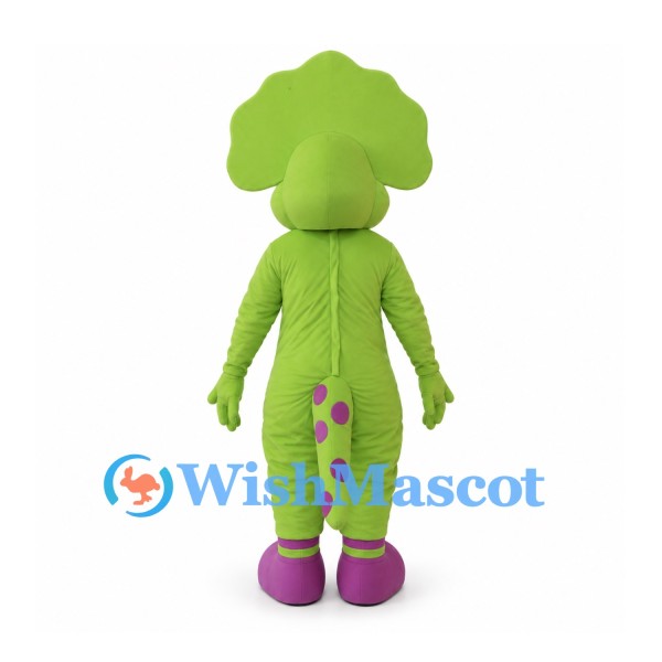 Triceratops Mascot Costume in Green with Pink Belly and Red Bow