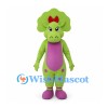 Triceratops Mascot Costume in Green with Pink Belly and Red Bow