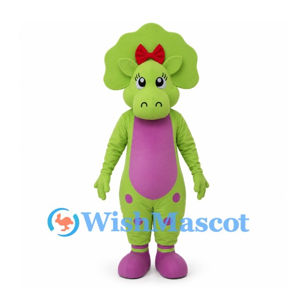 Triceratops Mascot Costume in Green with Pink Belly and Red Bow