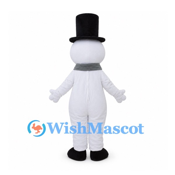 Snowman Mascot Costume with Black Top Hat and Gray Scarf