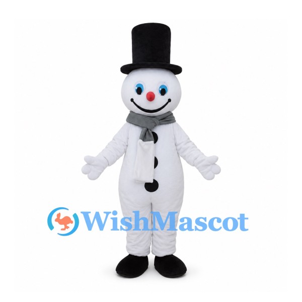Snowman Mascot Costume with Black Top Hat and Gray Scarf