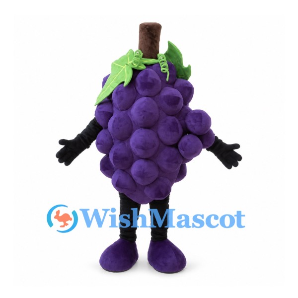 Grape Mascot Costume in Purple with Green Leaves