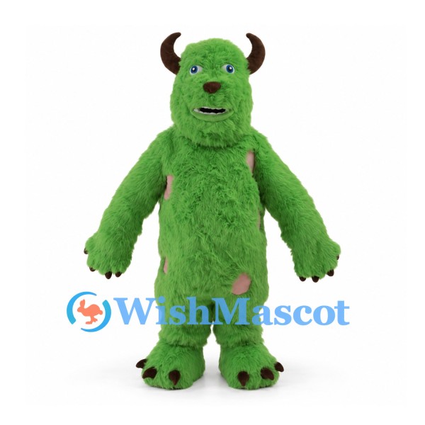 Monster Mascot Costume in Green with Brown Horns and Pink Spots
