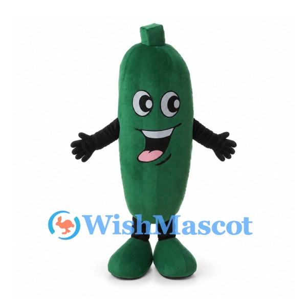 Cucumber Mascot Costume in Dark Green with Smiling Face