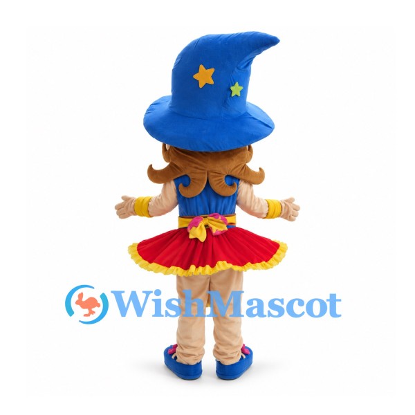 Wizard Girl Mascot Costume with Blue Star Hat and Red Skirt
