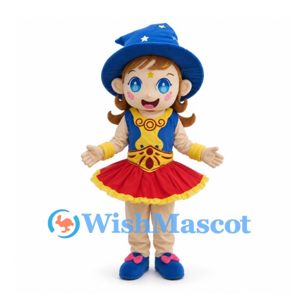 Wizard Girl Mascot Costume with Blue Star Hat and Red Skirt