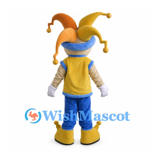 Jester Mascot Costume with Blue and Yellow Hat and Vest