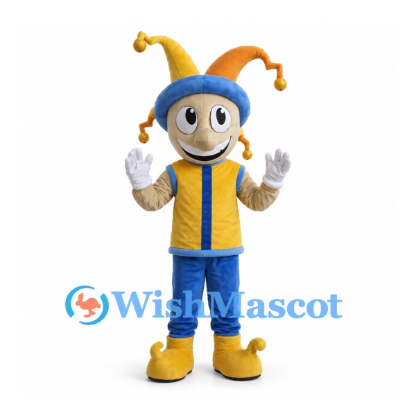 Jester Mascot Costume with Blue and Yellow Hat and Vest