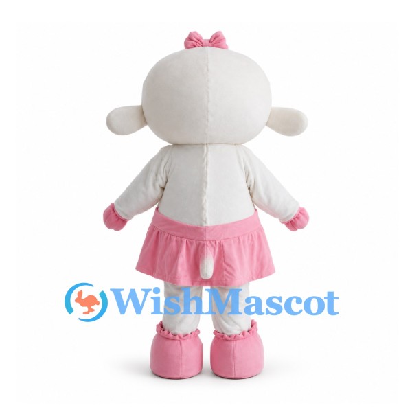 Sheep Mascot Costume in White with Pink Bow and Skirt