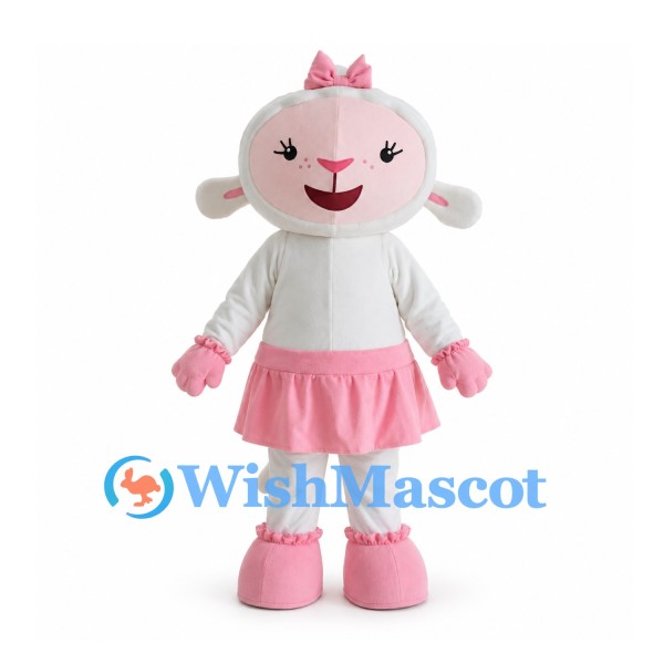 Sheep Mascot Costume in White with Pink Bow and Skirt