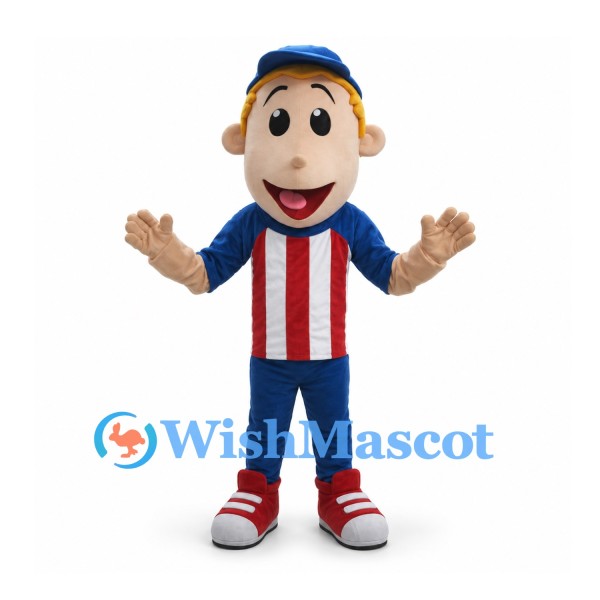 Boy Mascot Costume with Blue Cap and Red Striped Shirt