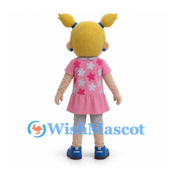 Girl Mascot Costume with Blonde Pigtails and Pink Floral Dress