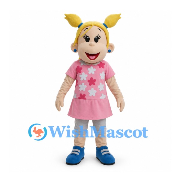 Girl Mascot Costume with Blonde Pigtails and Pink Floral Dress