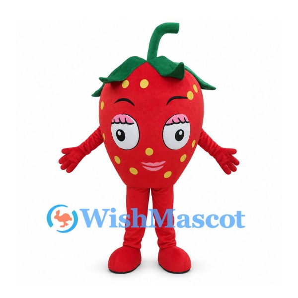 Strawberry Mascot Costume in Red with Green Leaves