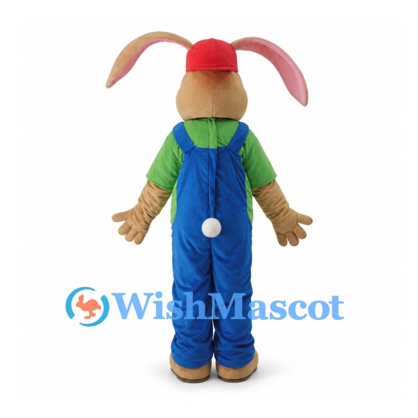 Rabbit Mascot Costume with Red Cap and Blue Overalls