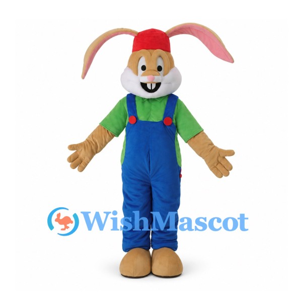 Rabbit Mascot Costume with Red Cap and Blue Overalls