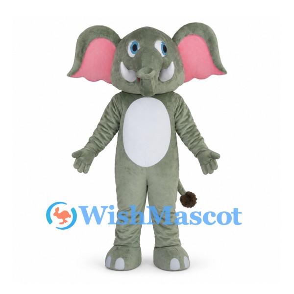 Elephant Mascot Costume in Gray with Pink Ears and White Belly