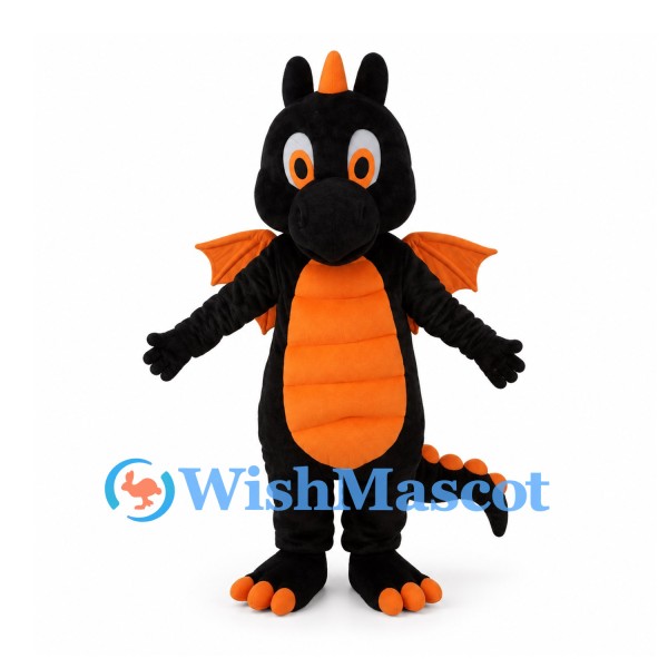 Dragon Mascot Costume in Black with Orange Wings and Belly